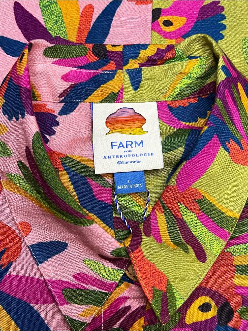Farm Rio For Anthropologie Printed Surf Shirt Women Large Green Pink Parrots New - Picture 4 of 12